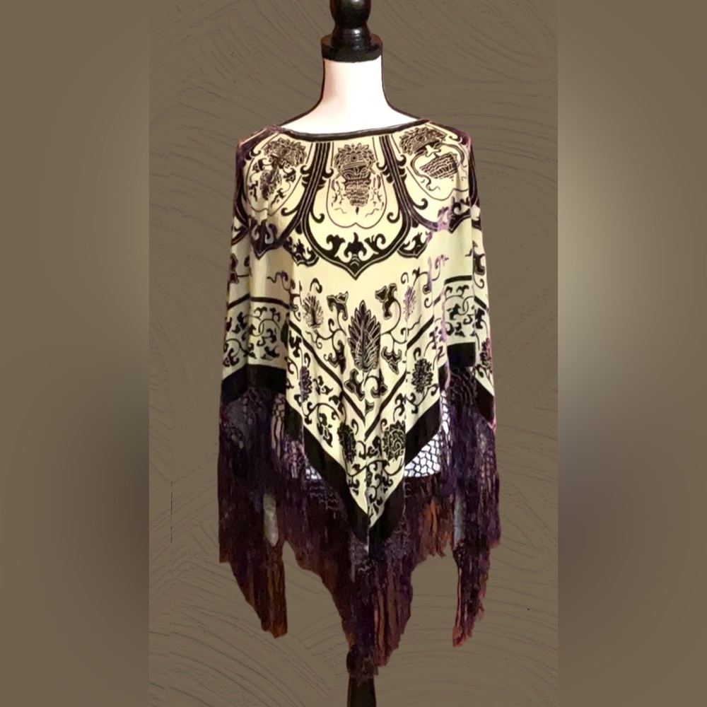 Fringed silk velvet poncho shawl. OS Deep purple